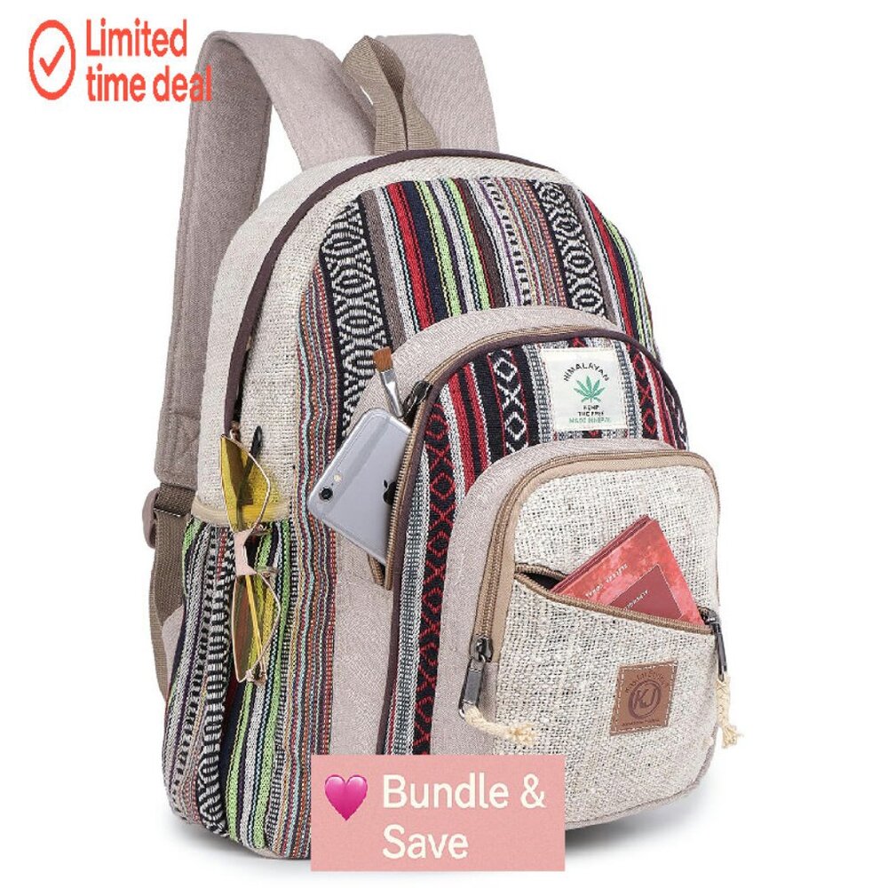 Large Hemp Backpack Multi Pocket Daypack Adjustab… - image 1
